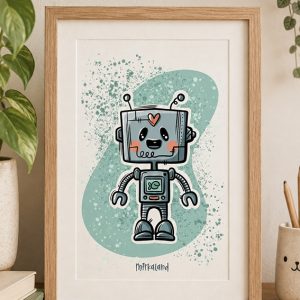 Kedves Robot Szívvel – Egyedi Illusztrációs Art Print (A6, A5) – Mirkaland
