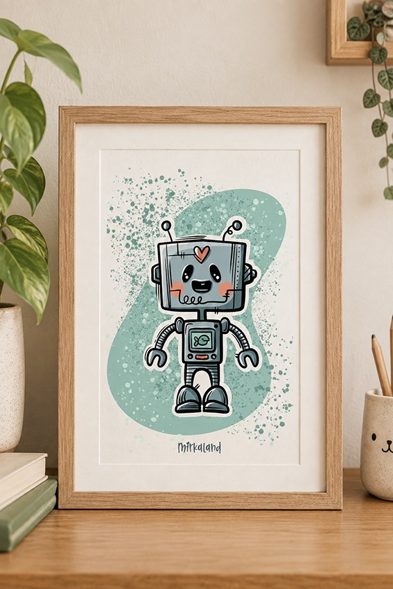 Kedves Robot Szívvel – Egyedi Illusztrációs Art Print (A6, A5) – Mirkaland