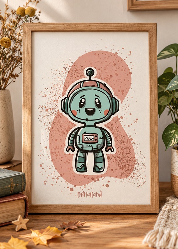 Kis Űrhajós Robot – Egyedi Illusztrációs Art Print (A6 / A5 / A4) – Mirkaland